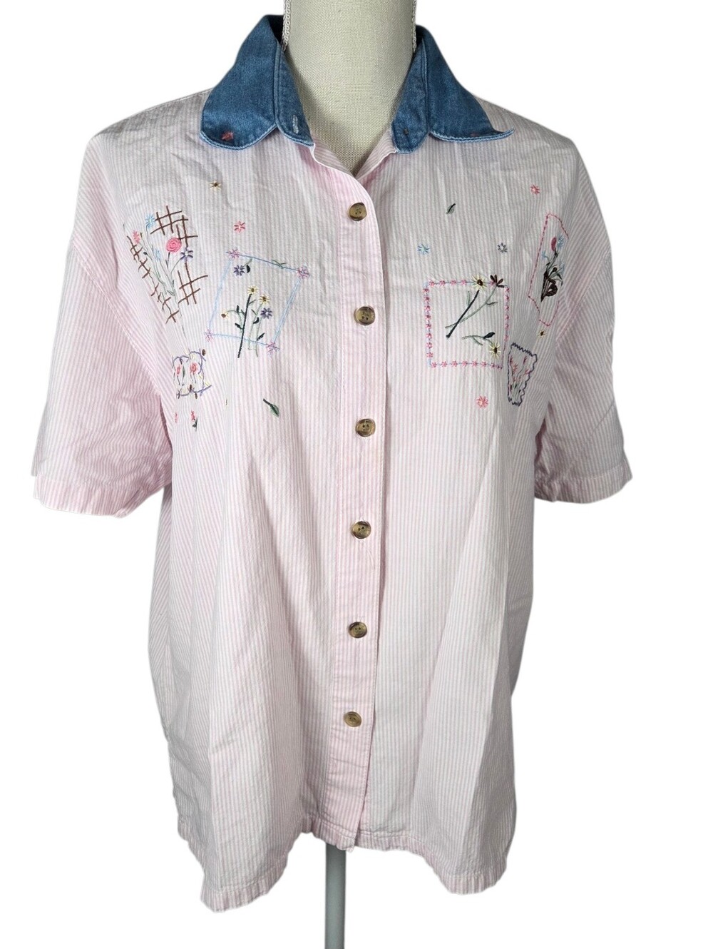 Kenneth Too Vintage Button Up Shirt -Large -Pink & White Stripe -Denim Collar